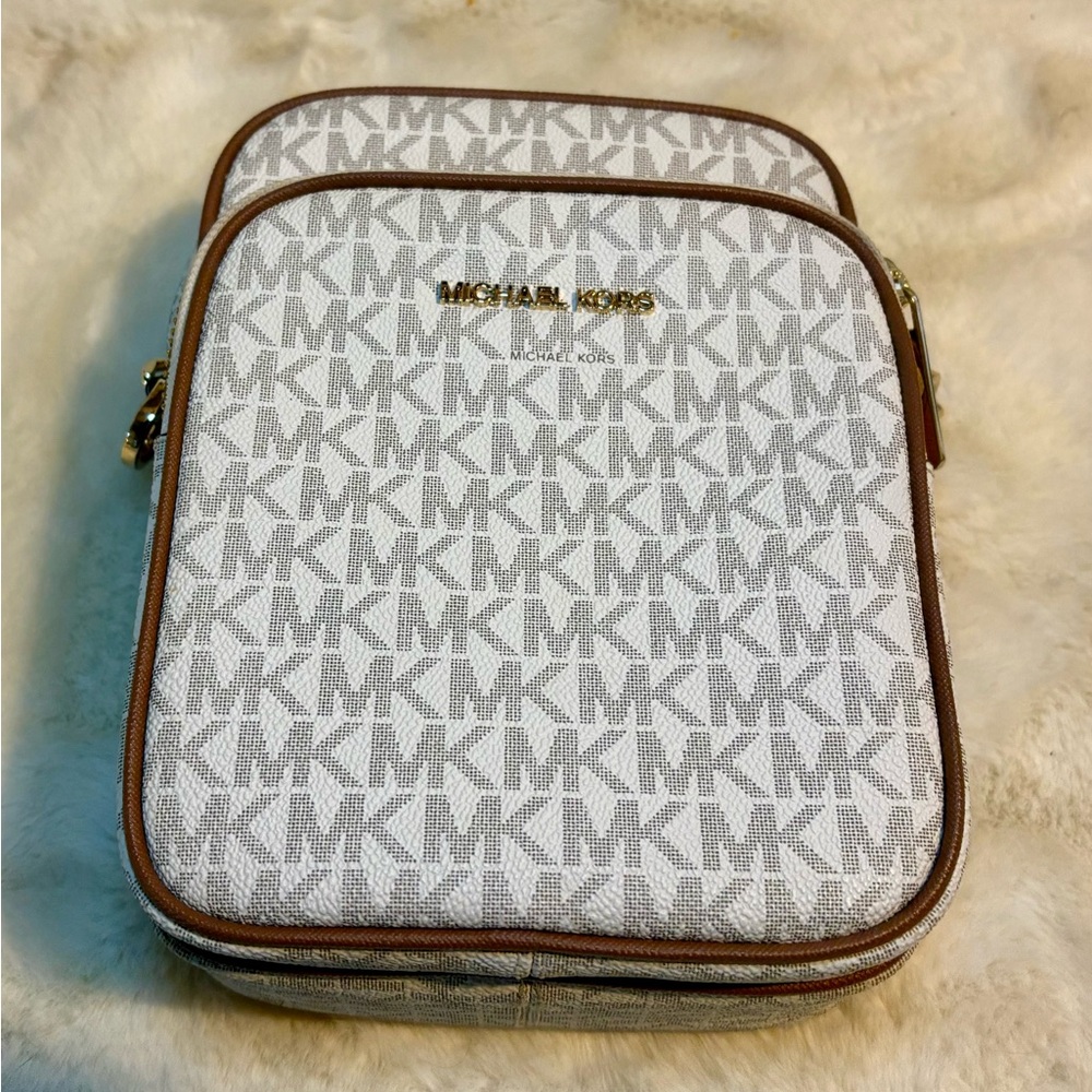 Michael Kors White and Brown Monogram Bag with Gold Accents